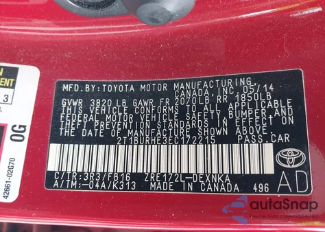 2014 Toyota Corolla Le Plus z USA, uszkodzony, nr VIN 2T1BURHE3EC172215